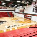 Renovated bleachers inside a Central Iowa high school.